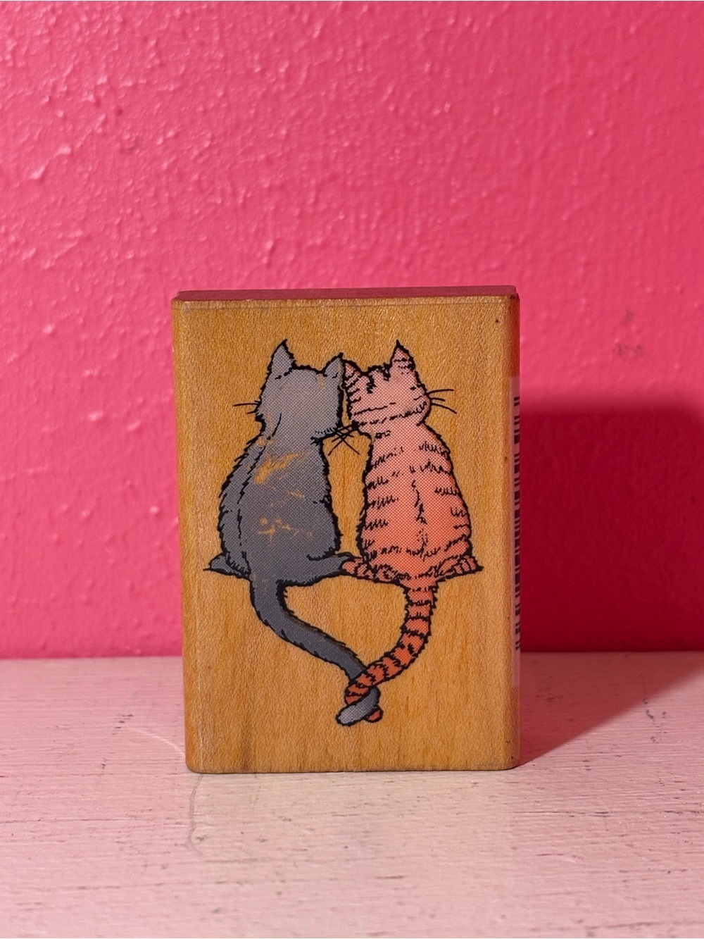 Vintage 1992 Comotion Wooden Loving Cats Holding Tails #569 Stamp Kitty Love Fun